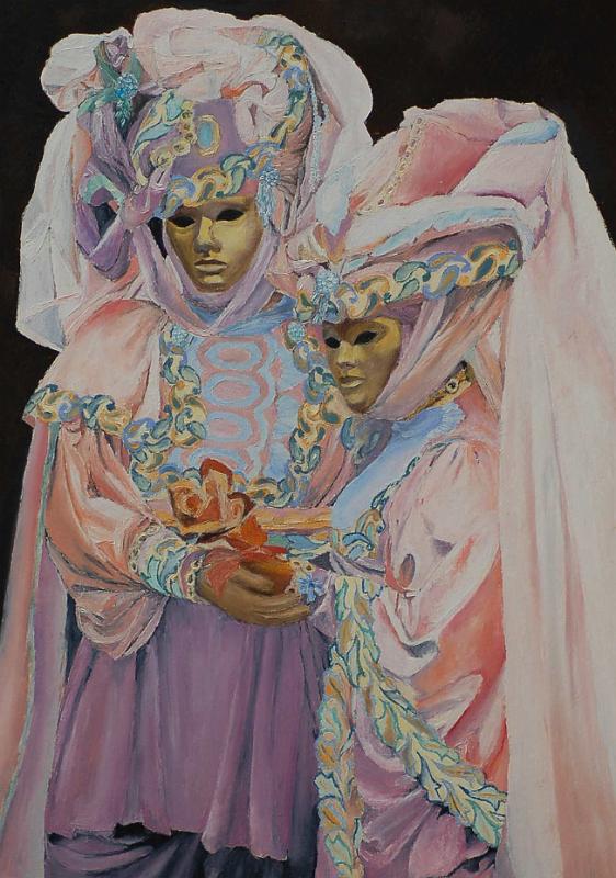 masks-rosesetmauves.jpg - Painting oil on paper -Huile sur papier format /size 40x60
