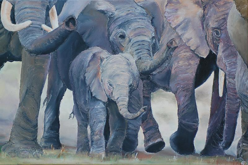 famille-d'elephants.jpg - Painting oil on paper -Huile sur papier format /size 40x60