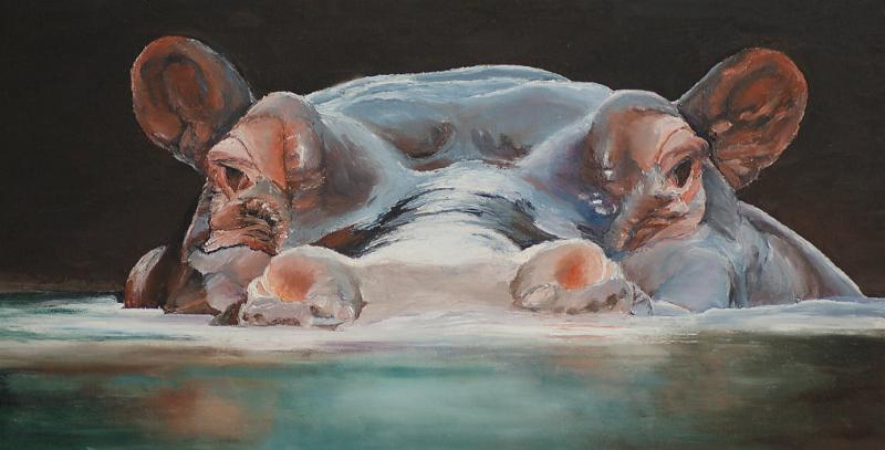 hippopotame.jpg - Painting oil on paper -Huile sur papier format /size  30x60