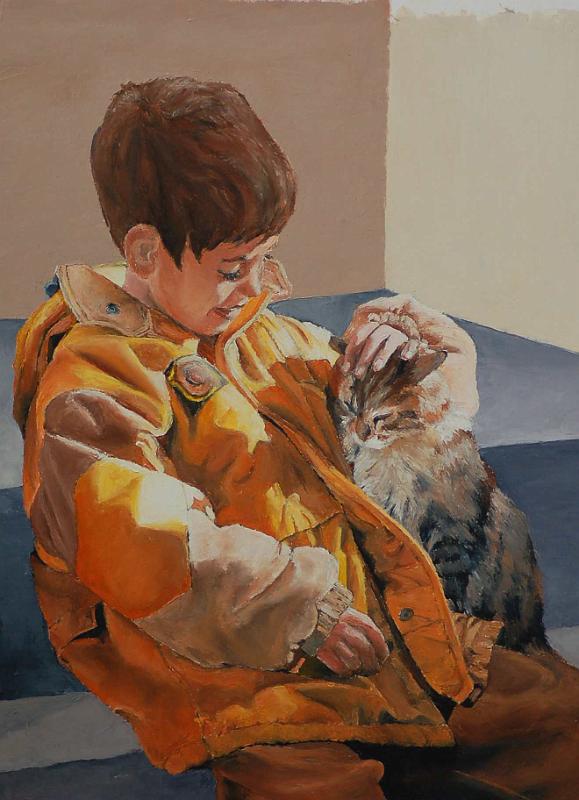 enfant-au-chat.jpg - Painting oil on canvas -Huile sur toile format /size 40x60
